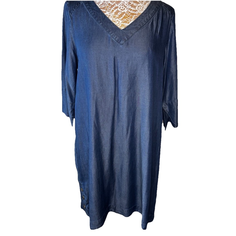 Ann Klein Chambray Midi Shirt Dress‎ 3/4 Sleeve Size 12 Comfy Casual Relaxed